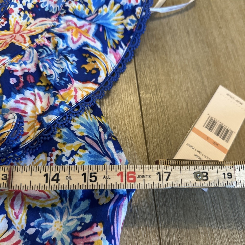 Nannette Lepore Women's Ruffle Sleeveless Floral Peplum Blouse Blue Size Small - Picture 9 of 10